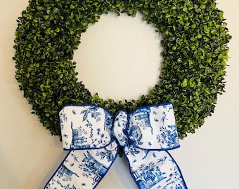 Chinoiserie Spring Bow: Blue and White Wreath Decor, 4-inch Wired Edge