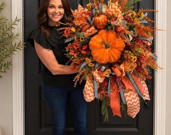 Large Fall Pumpkin Wreath for Front Door, Orange Autumn Wreath, Rustic Harvest Decor, Thanksgiving Door Hanger, Farmhouse Porch Decor