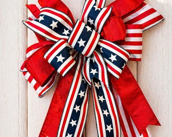 Patriotic Wreath Bow, Red White Blue Bow, 4th of July Decor, Americana Door Bow, Memorial Day Lantern Bow, 4th of July Bow