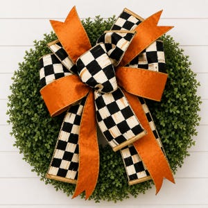 Black and White Check Bow, Harlequin Fall Bow, Orange Velvet Bow, Fall Front Door Decor, Handmade Designer Bow, Autumn Bow, Fall Wreath Bow image 4