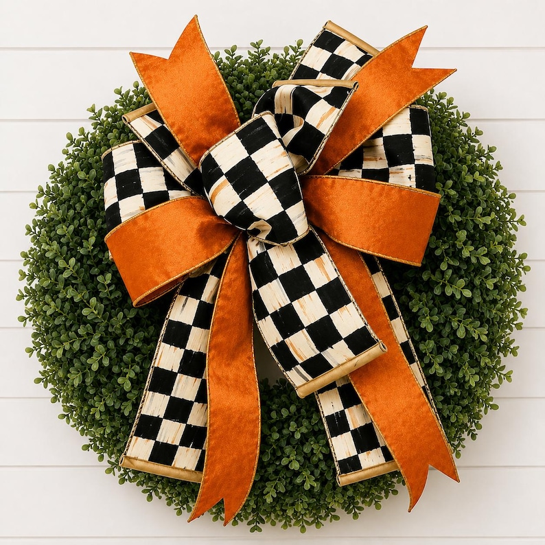 Black and White Check Bow, Harlequin Fall Bow, Orange Velvet Bow, Fall Front Door Decor, Handmade Designer Bow, Autumn Bow, Fall Wreath Bow image 4