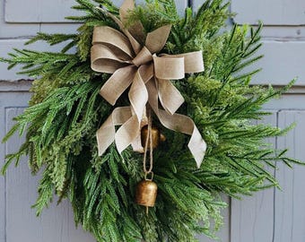 Rustic Christmas Wreath with Bells and Neutral Bow, Farmhouse Holiday Door Decor, Winter Greenery Wreath, Christmas Wreath for Front Door.