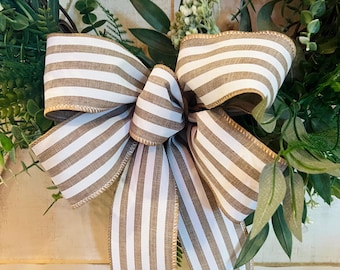 Striped Wreath Bow, Tan and White Striped Bow, Farmhouse Bow, Farmhouse Decor, All Seasons Wreath Bow, Handmade Bow, All Seasons Decor.