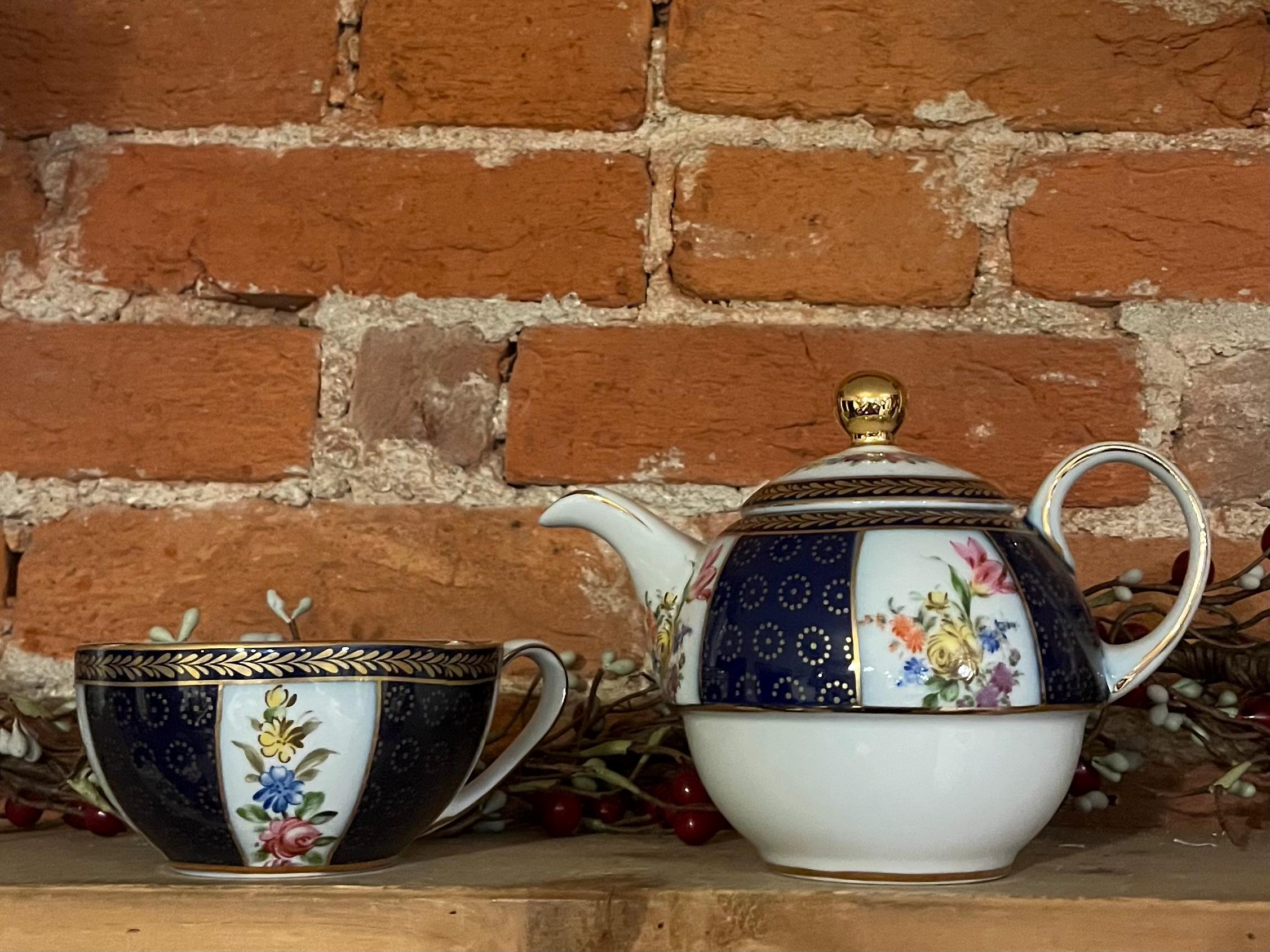 Vintage Lillian Vernon Tea Set: Cobalt Blue Floral Porcelain
