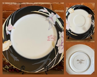 Lot de 8 soucoupes et assiette de service 12" Mikasa Charisma en porcelaine noire, vaisselle vintage Japon floral