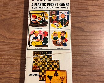 Trio de viagem vintage 3 jogos de bolso de plástico, damas, xadrez, jogo de damas chinês