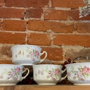 Antique O&EG Royal Austria Tea Cups Set of 4 | Edwardian White Porcelain with Embossed Detail | Vintage Austrian China Collectible Gift