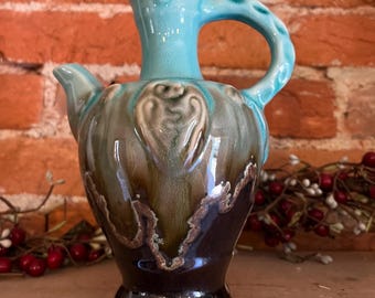 Vintage Drip Glaze Ceramic Pitcher – Brown & Turquoise Art Pottery Jug (7-1/4” H)