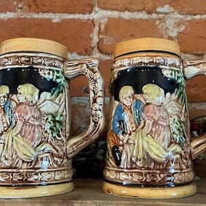 Vintage Beer Steins Made in Japan | Set of 2 Collectible German-Style Mugs | Hand-Painted Barware Decor | Rustic Pub Tankards Gift for Him
