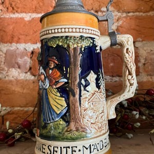 Vintage West Germany Lidded Beer Stein, Hand Painted German Stein with Pewter Lid, Cobalt Blue Relief Mug, Oktoberfest Bar Decor