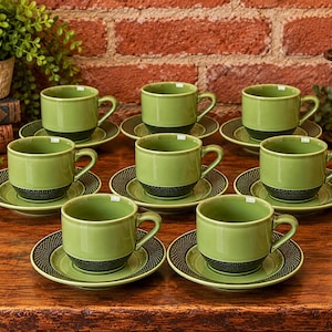 Vintage Aurora Green Ironstone 4210 Cup & Saucer Set of 8, Made in Japan, Avocado Green Coffee Cups, 16 Piece Retro Dinnerware