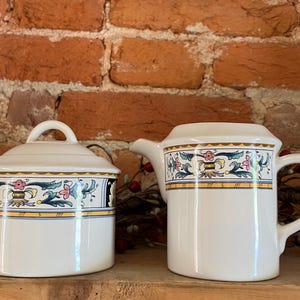 Vintage Savoir Vivre Florentina Creamer & Sugar Bowl Set | 1990s Stoneware with Lid | Cottagecore Floral Kitchen