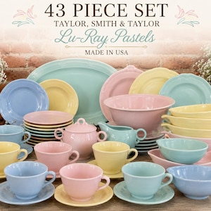 Juego de vajilla vintage Lu-Ray Pastels de 43 piezas de Taylor Smith & Taylor: platos, tazas y cuencos en tonos pastel variados. Cerámica fabricada en EE. UU.