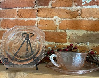 Vintage Pink Depression Glass Tea Cup and Saucers – Floral, 1930s (AS IS)