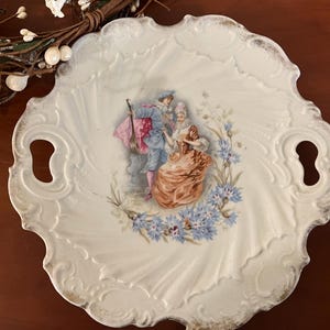 Vintage Victorian Courting Couple Plate | Antique Decorative Porcelain Tray | 9” Rococo-Style Serving Dish