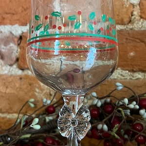 Arby Berries and Holly Wine Glass Goblet | Vintage Libbey Christmas Holly & Berry Stemware with Bow Detail