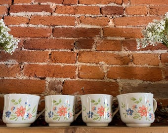 Country French Ironstone Teacups – Set of 4 – Floral Hand-Painted Style, Made in Japan