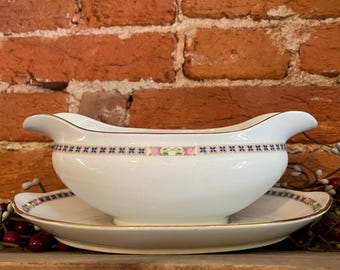 Antique Noritake The Alais Gravy Boat with Underplate Early 1900s Floral Blue Trim Japan China Serving Dish
