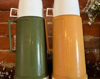 Vintage Thermos Set of 2 Super Quart Thermoses Green Gold Retro Camping Picnic Jugs Mid Century Kitchen Decor