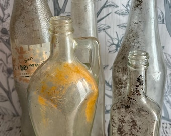 Set of 5 Vintage Glass Bottles | Antique Apothecary & Soda Bottles | Rustic Farmhouse Decor | Upcycled Bottle Collection