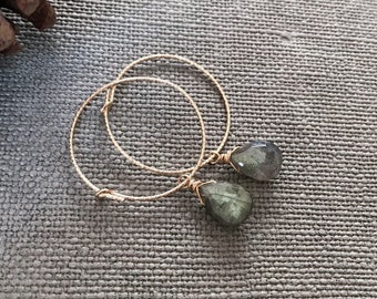 Natural labradorite tear drop 14k gold filled loop earrings flashy gemstone hoop dangle earrings chic party handmade jewellery GE08A