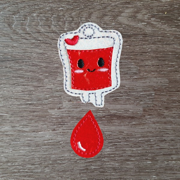 Blood Bag Feltie  embroidered on vinyl perfect for hair bows, embellishment, badge reels, planner clips, and more DIY projects