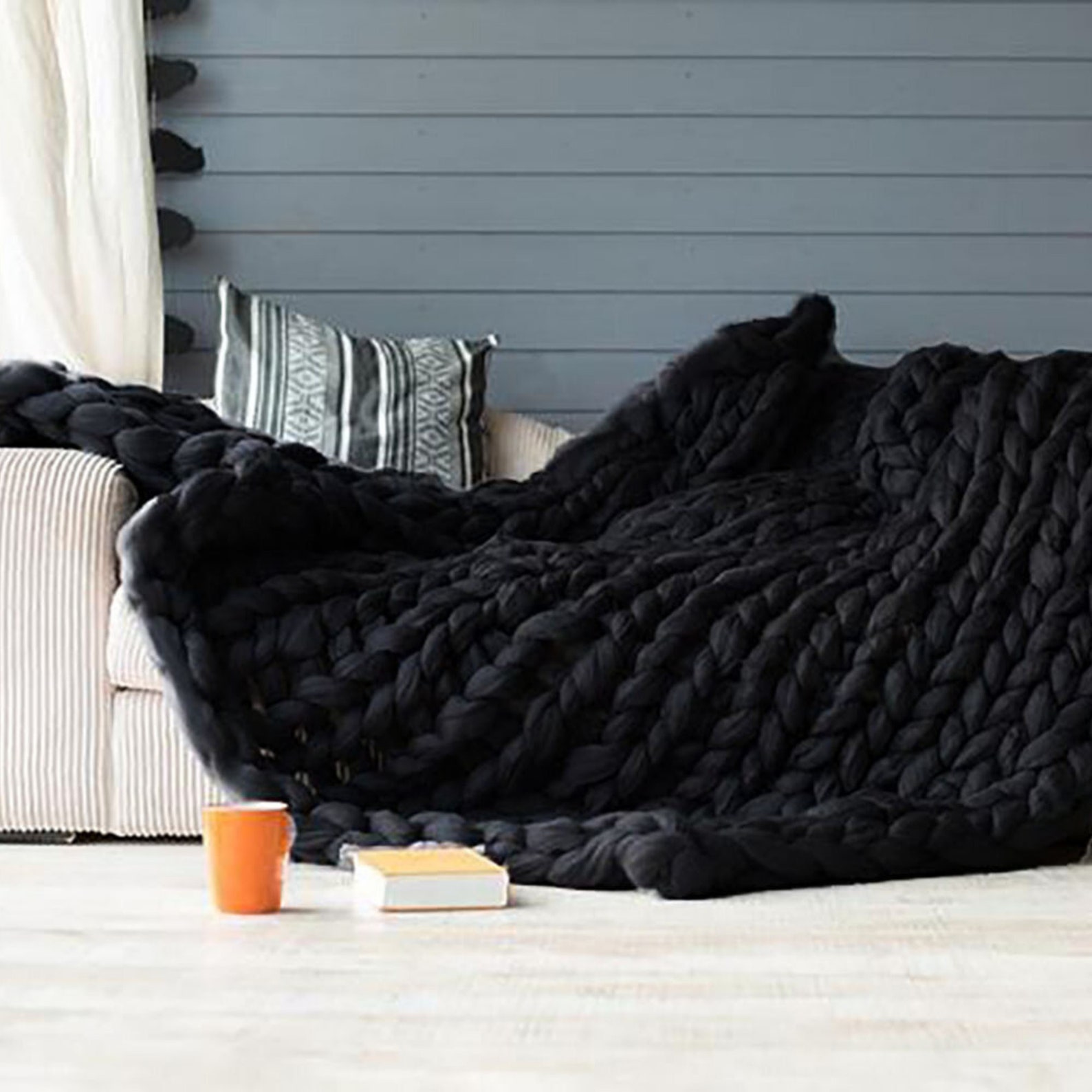Handmade Chunky Knit Blanket Black merino Wool BlanketChunky Etsy