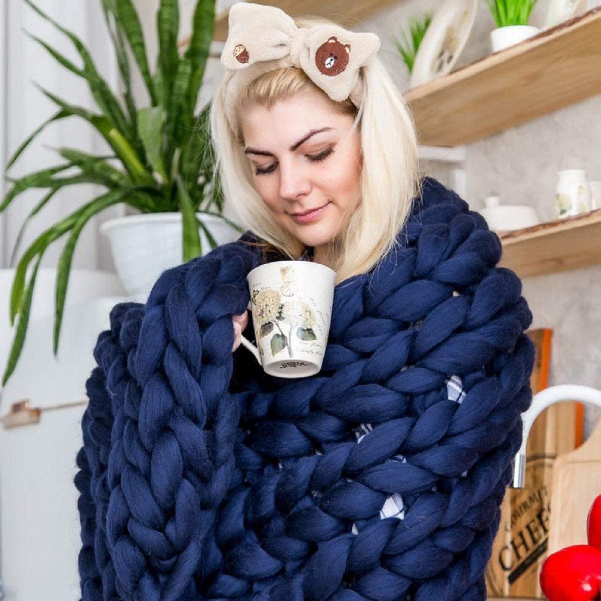 Handmade Dark Blue Merino Wool BlanketNavy Chunky Knit Etsy