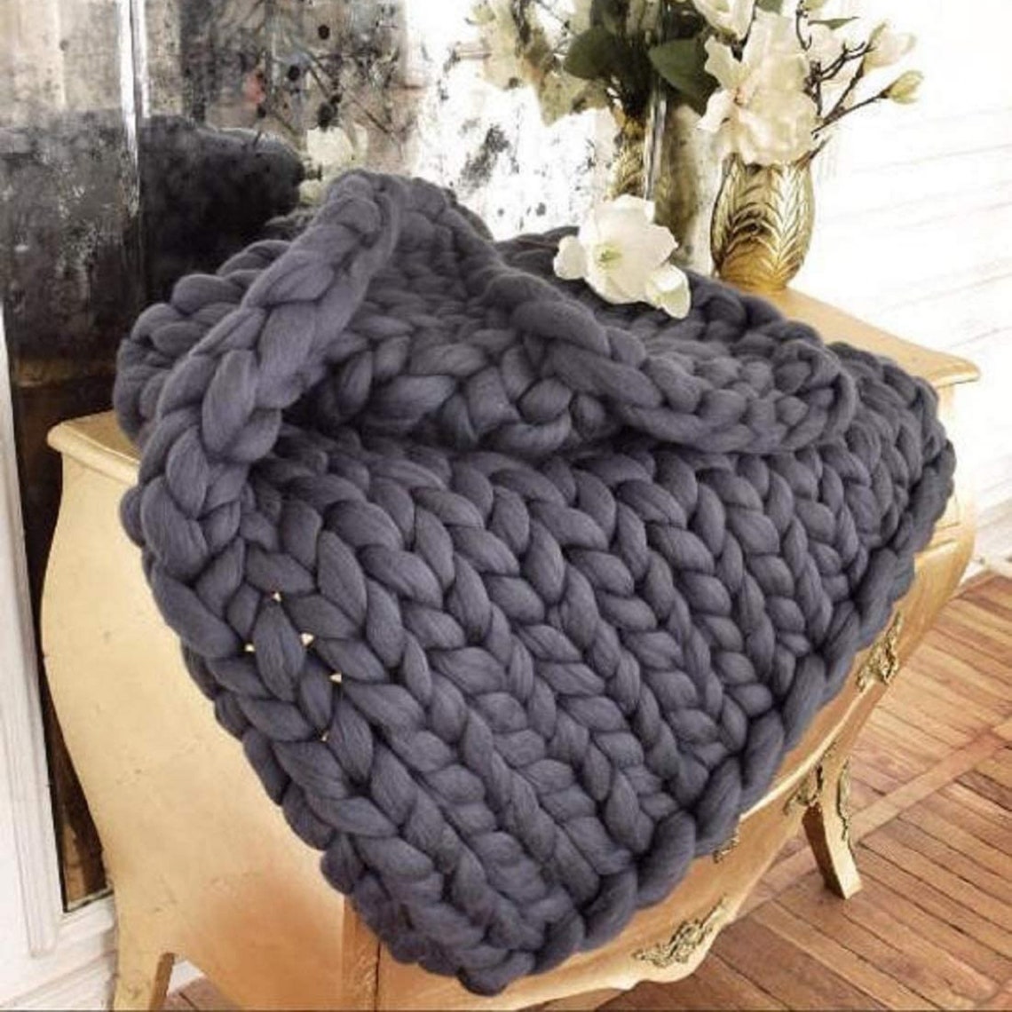 Handmade DarkGrey Merino Wool BlanketCharcoal Chunky Knit Etsy