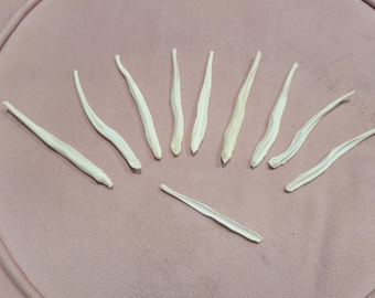 May include: A collection of eleven off-white, elongated objects, possibly dried plant parts, arranged on a soft, pink surface. The objects vary in shape, some curved and others straight, creating a visually interesting pattern.
