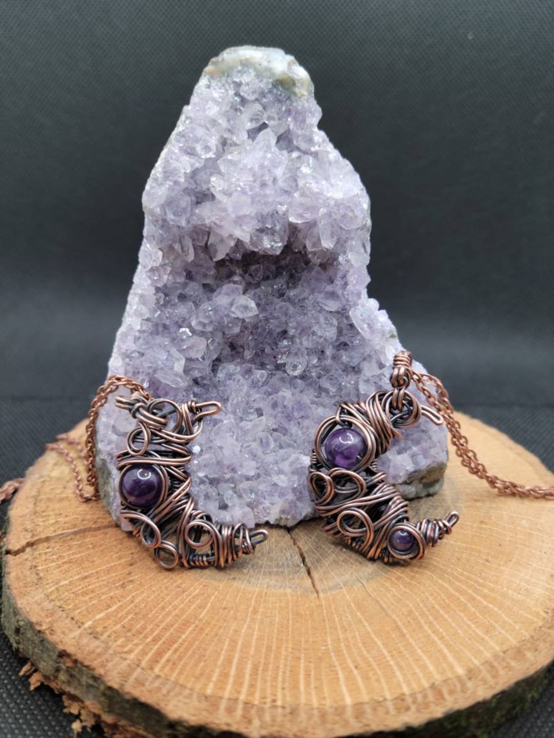 Wire Wrapped Amethyst Crescent Moon Pendant: Antiqued Copper Necklace ...