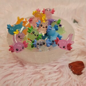 May include: A bowl filled with colorful, miniature axolotl figurines. The axolotls are made of a translucent plastic and have painted details, including eyes, gills, and smiles.