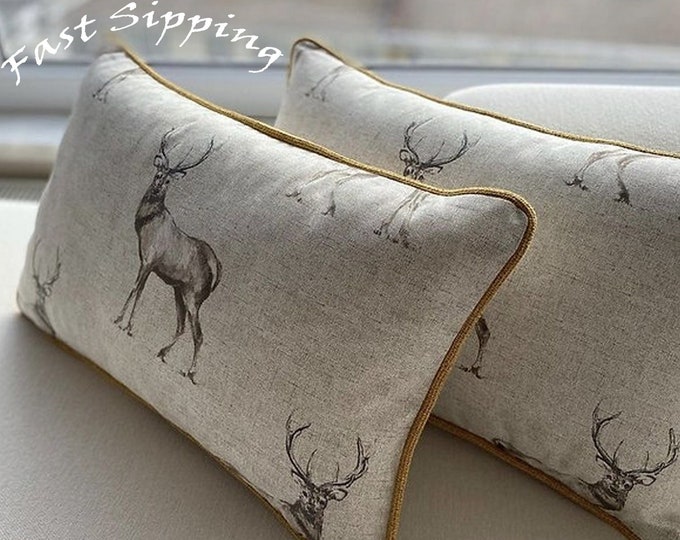 Pure Linen Pillow Covers,Deer Pattern,Double Sided Pillow Covers,Country House,Farmhouse,Home Decor,Handmade,100% Linen,Size 5Available,Room
