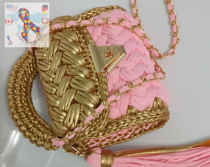 Pink and Gold Bag,Hand Women Bag,Crochet Colorful Bag,Handmade,Luxury Bag,Hand Knitted Bag,Crossbody-Hand Bag,Yarn Purse,Gift Christmas,Home