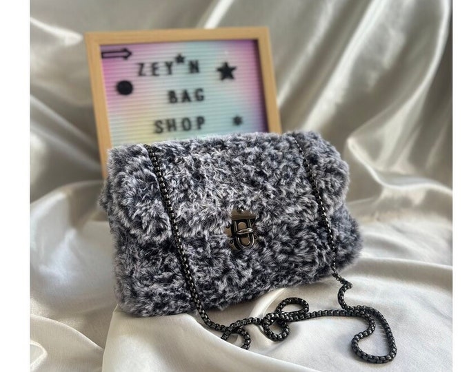 Gray Soft Fur Bag, Vintage, Hand Women Bag, Crochet Colorful, Handmade, Hand Knitted Bag, Cross body-Hand Bag, Yarn Purse, Gift Mothers day