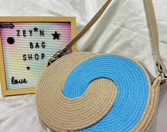 Borsa in cotone crema/blu,Borsa da donna a mano,Borsa colorata all'uncinetto,Fatto a mano, Lusso,Borsa lavorata a mano,Borsa a mano a tracolla,Borsa in filato,Regalo Festa della mamma