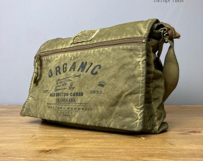 Old Cotton Cargo Bag, Handmade, Vintage, Shabby Canvas Shoulder Messenger Green Bag, Laptop, School, Travel, Casual, Cotton, Fabric, Hand