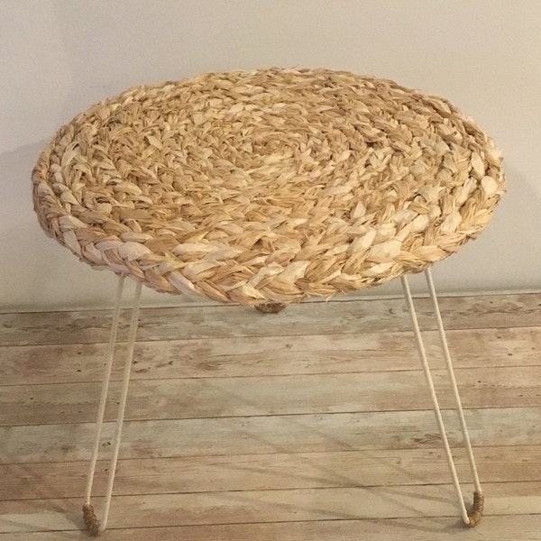 Round Raffia Side Table with Hairpin Legs