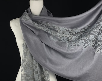 Cashmere and French Lace Scarf, Gorgeous Grey Wrap/Gift For Her/ Christmas Gift