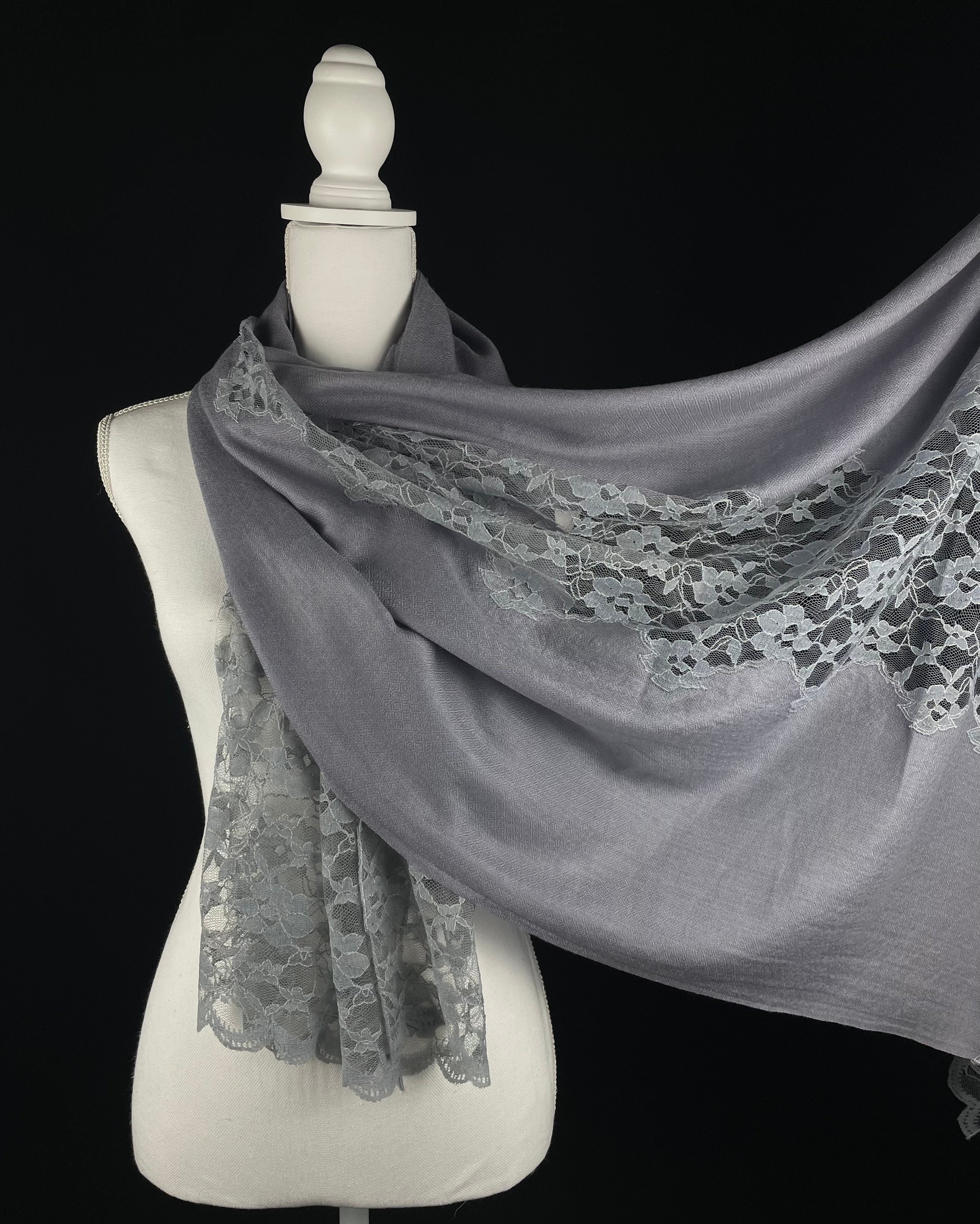 Cashmere and French Lace Scarf, Gorgeous Grey Wrap/Gift For Her/ Christmas  Gift