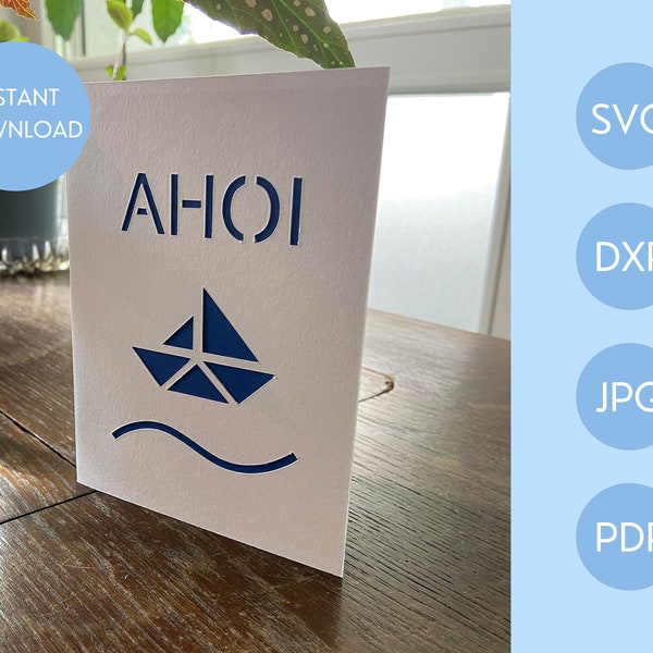 DIY template for greeting card, ahoi paper boat motif, to cut out or print - INSTANT DOWNLOAD - svg, dxf, pdf, jpeg - Cricut File