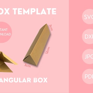 Puede incluir: Una plantilla de caja triangular de cartón marrón con dimensiones de 3cm por 12cm por 3cm. La imagen incluye el texto BOX TEMPLATE, INSTANT DOWNLOAD, TRIANGULAR BOX, SVG, DXF, JPG y PDF sobre un fondo de color rosa claro.