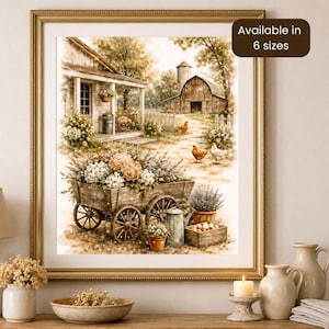 Farmhouse Wall Art Rustic Farm Print Cottagecore Decor Vintage Inspired Barn Kitchen Wall Decor Floral Wagon Country Home Farmhouse
