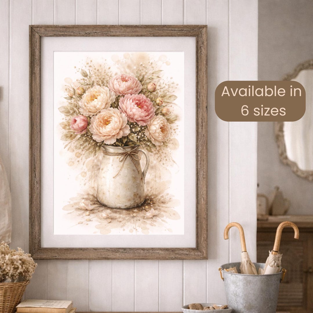 Peony Wall Art Watercolor Print Floral Vintage Farmhouse Botanical ...