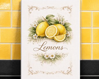 Lemon Wall Art Cottagecore Kitchen Decor Fruit Print Vintage Botanical Artwork Farmhouse Wall Decor Rustic Kitchen Art Lemon