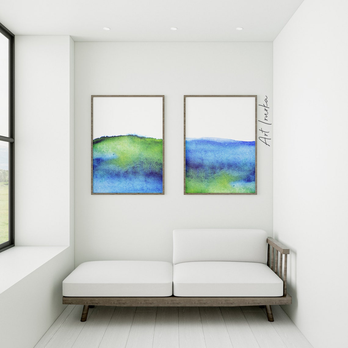 Set of 2 blue and green wall art Printable large blue wall Etsy