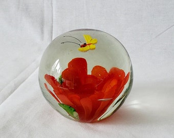 Art Glass Paperweight, Flower and Butterfly, Handmade Lampwork Glass