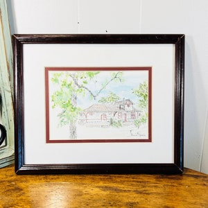Vintage Signed Original Watercolour and Ink Painting, CPR Station Petersfield Manitoba, Circa 1960, Signed Bonnie Rennie, Framed Painting
