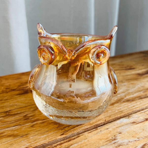 Owl Art Glass Candle Holder, Crackle Glass, Iridescent Amber to Clear, Succulent or Air Plant Vase