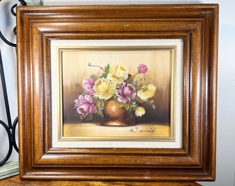 Original Still Life Oil Painting Signed Dennis, Wood Framed Vintage Art Work